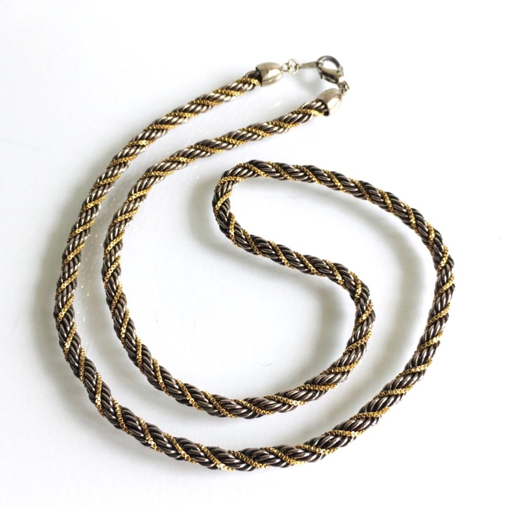 Chunky Corded Silver & Gold Tone Metal Necklace Stamped Korea 23 1/2”